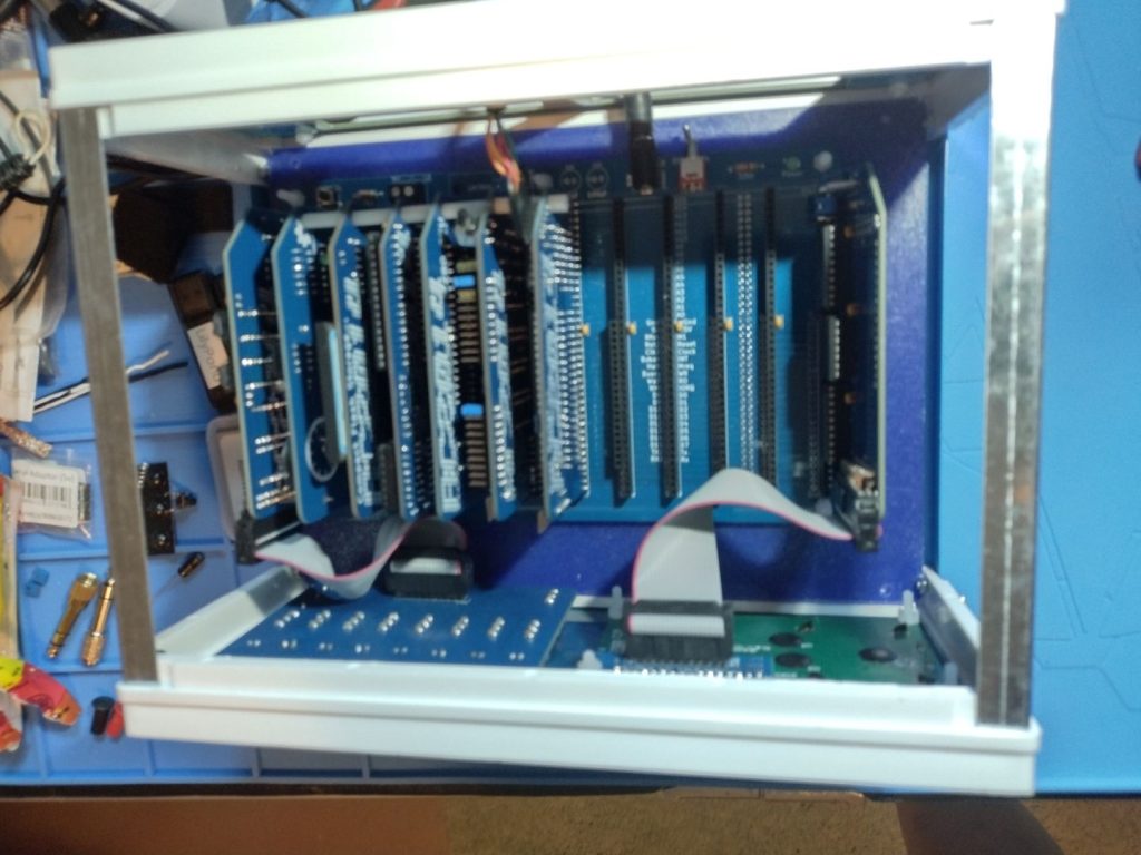 Showing Detail inside BlueBox case with RC2014 mounted inside, ribbon cables connecting to the front panel