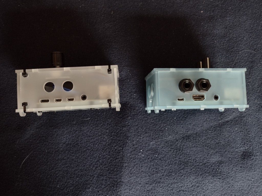 Picture of the MiniDexed (on the left) and the pisound (on the right) viewed from the back.